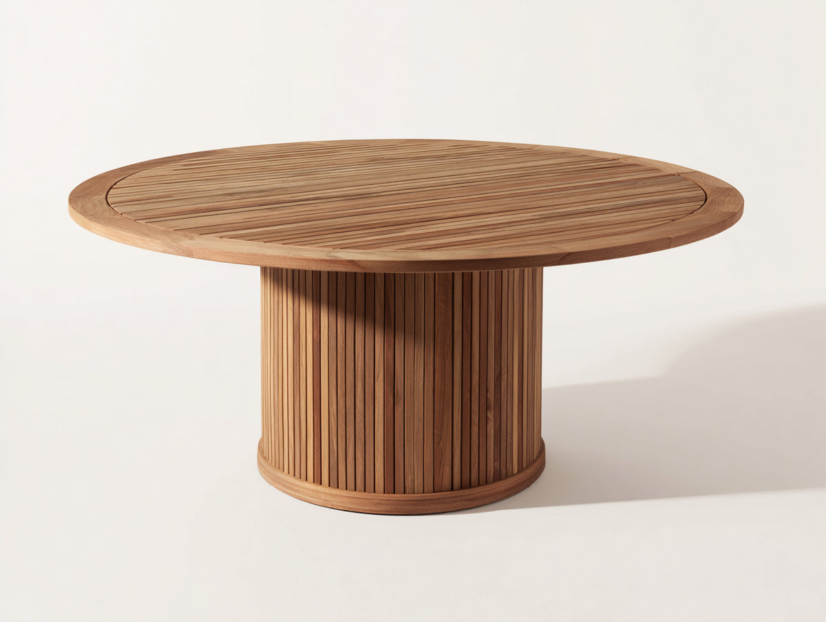 Gartentisch aus Holz 120 x 120 x 75 cm - Naturbraun - Rundes Design mit geriffeltem Säulenfuß und Lattenplatte