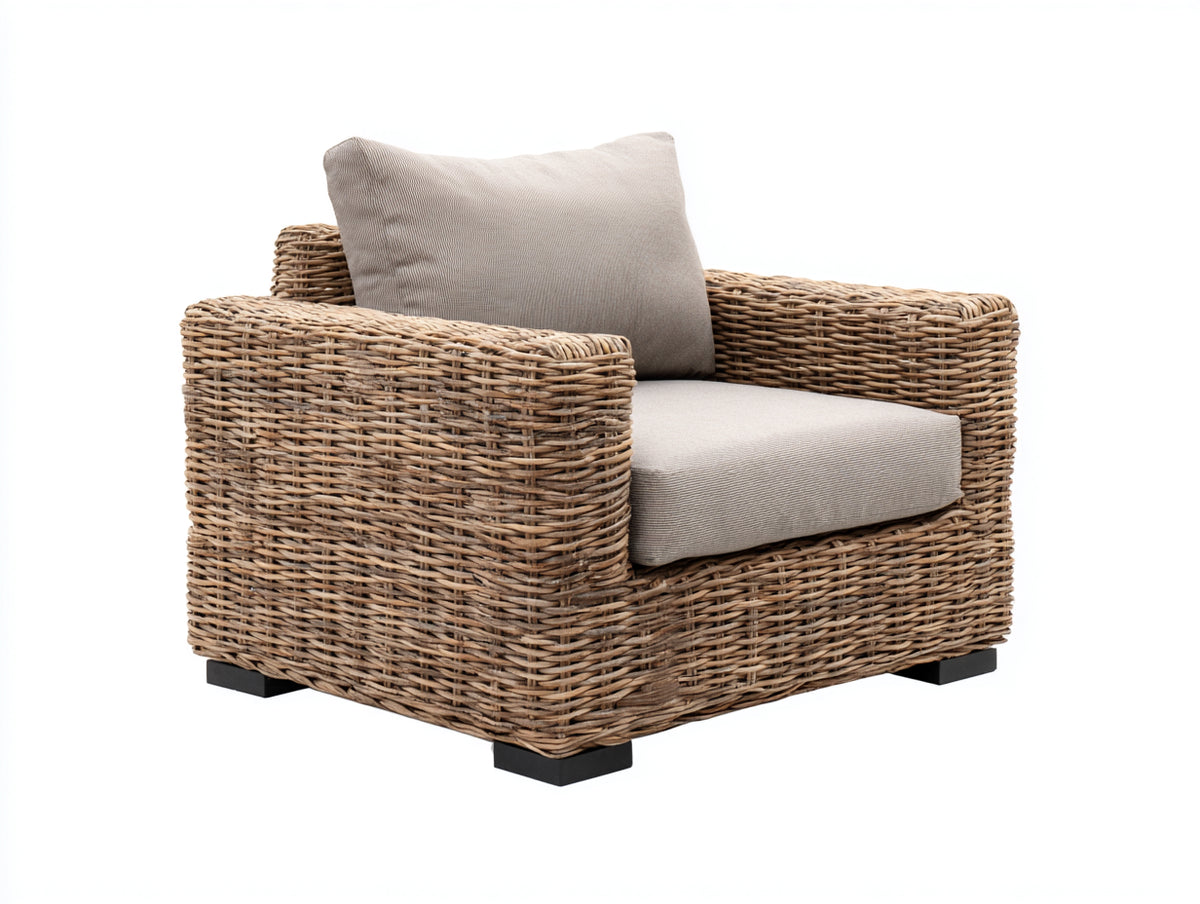 Polyrattan Gartensessel 80x75x85 cm - Beige-Holzfarben - moderner Outdoor Sessel für Garten und Terrasse