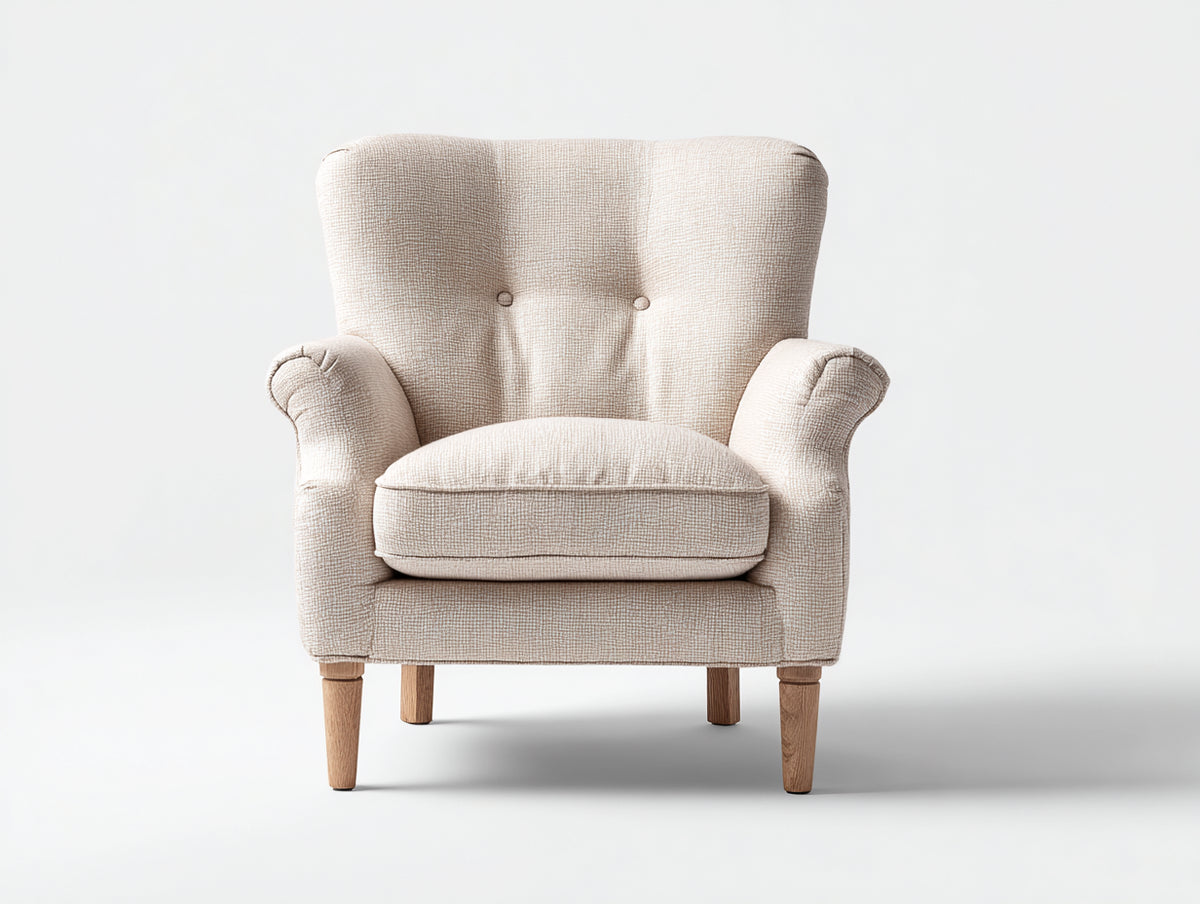 Sessel aus Webstoff 82 x 88 x 98 cm - Cremebeige - Klassisches Ohrensessel Design mit Knopfheftung und Holzfüßen