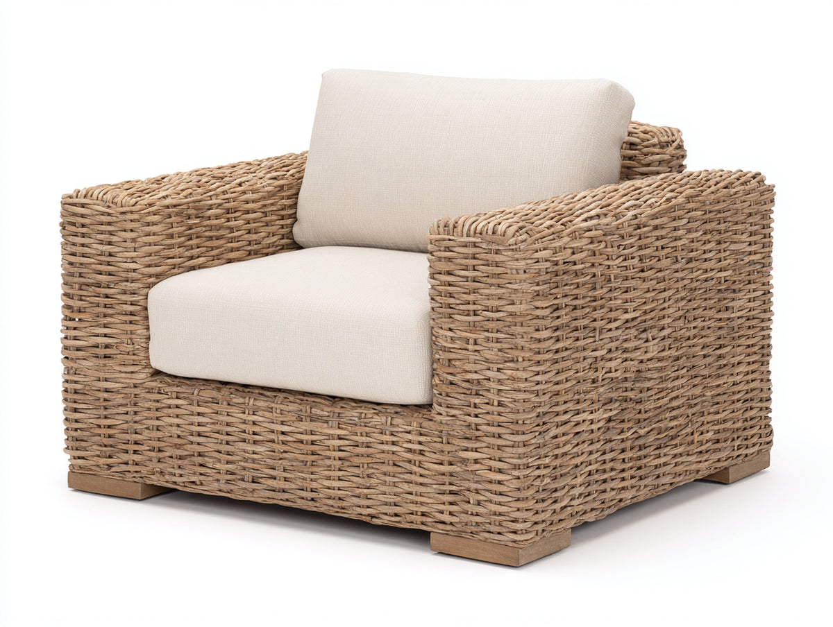 Polyrattan Gartensessel 90 x 85 x 80 cm - Beige und Holzfarben - Modernes Design für Garten und Terrasse