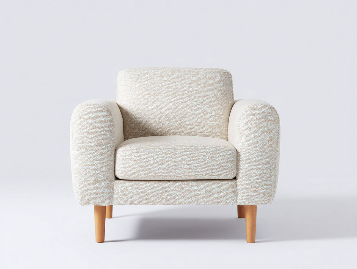 Sessel aus Stoff 85 x 80 x 85 cm - Weiß und Naturholz - Modernes Design für Wohnzimmer und Lounge