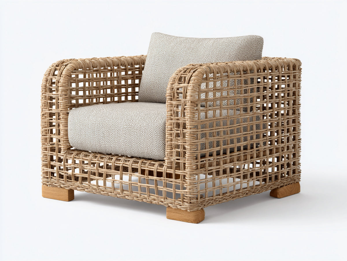 Polyrattan Gartensessel 90 x 88 x 82 cm - Naturbeige-Cremebeige - Offenes Flechtdesign mit breiten Armlehnen und Holzfüßen