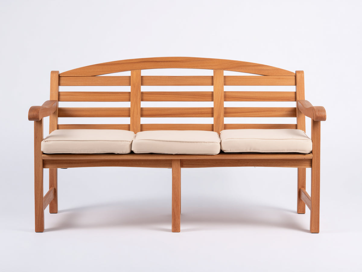 Gartenbank aus Holz 180 x 60 x 90 cm - Naturbraun-Cremeweiß - Dreisitzer mit Armlehnen und gepolsterter Sitzfläche