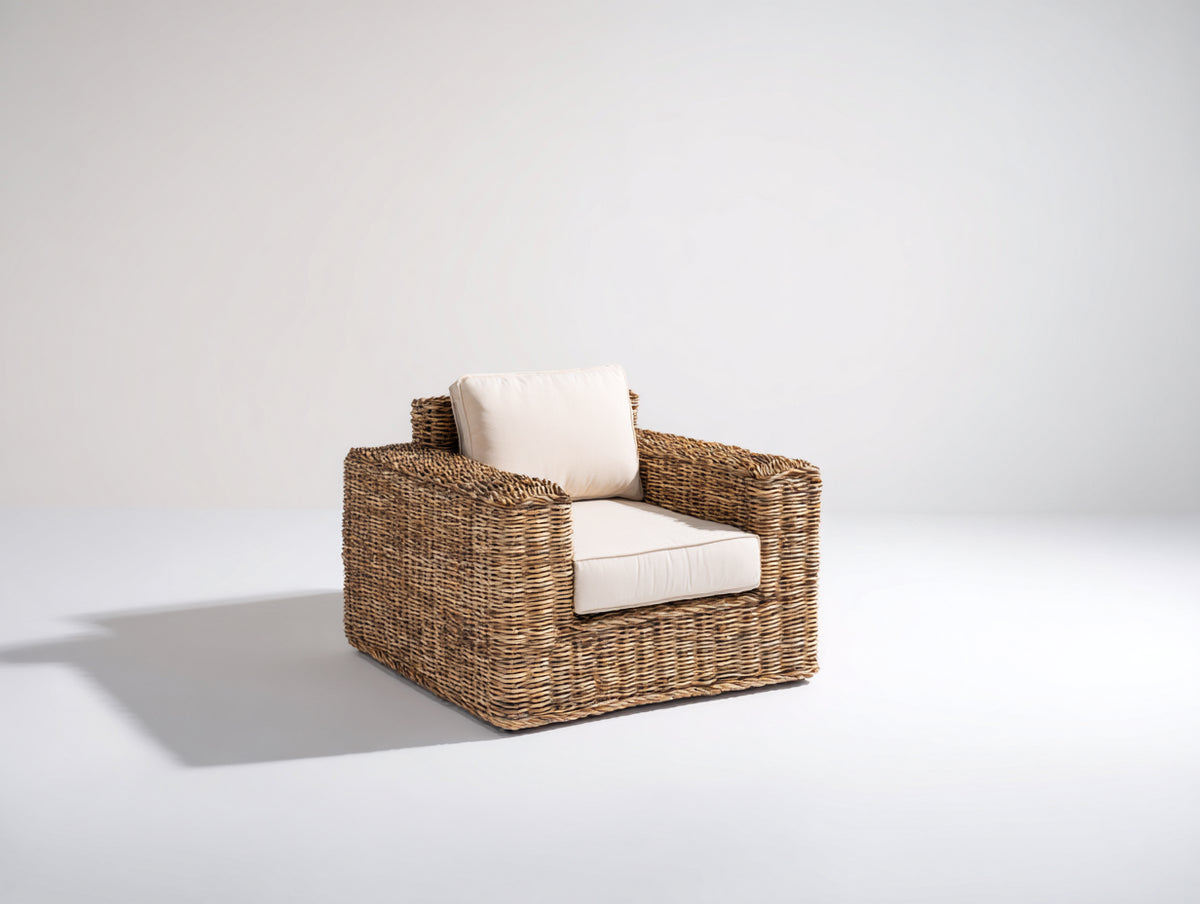 Polyrattan Gartensessel 95 x 88 x 82 cm - Naturbraun-Cremeweiß - Breites Flechtdesign mit Armlehnen für Terrasse und Garten